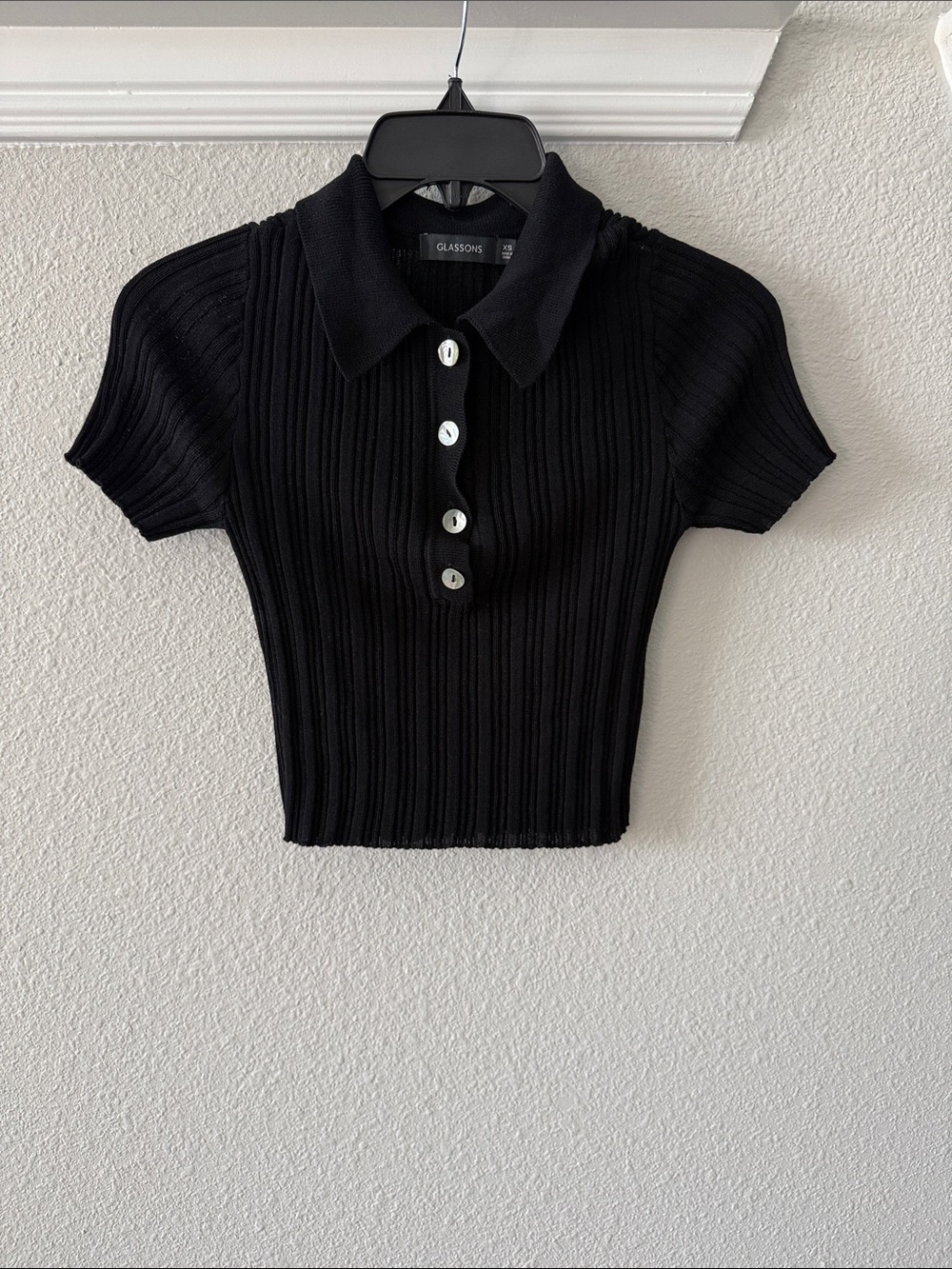 Glassons Black Ribbed Short Sleeve Polo Top